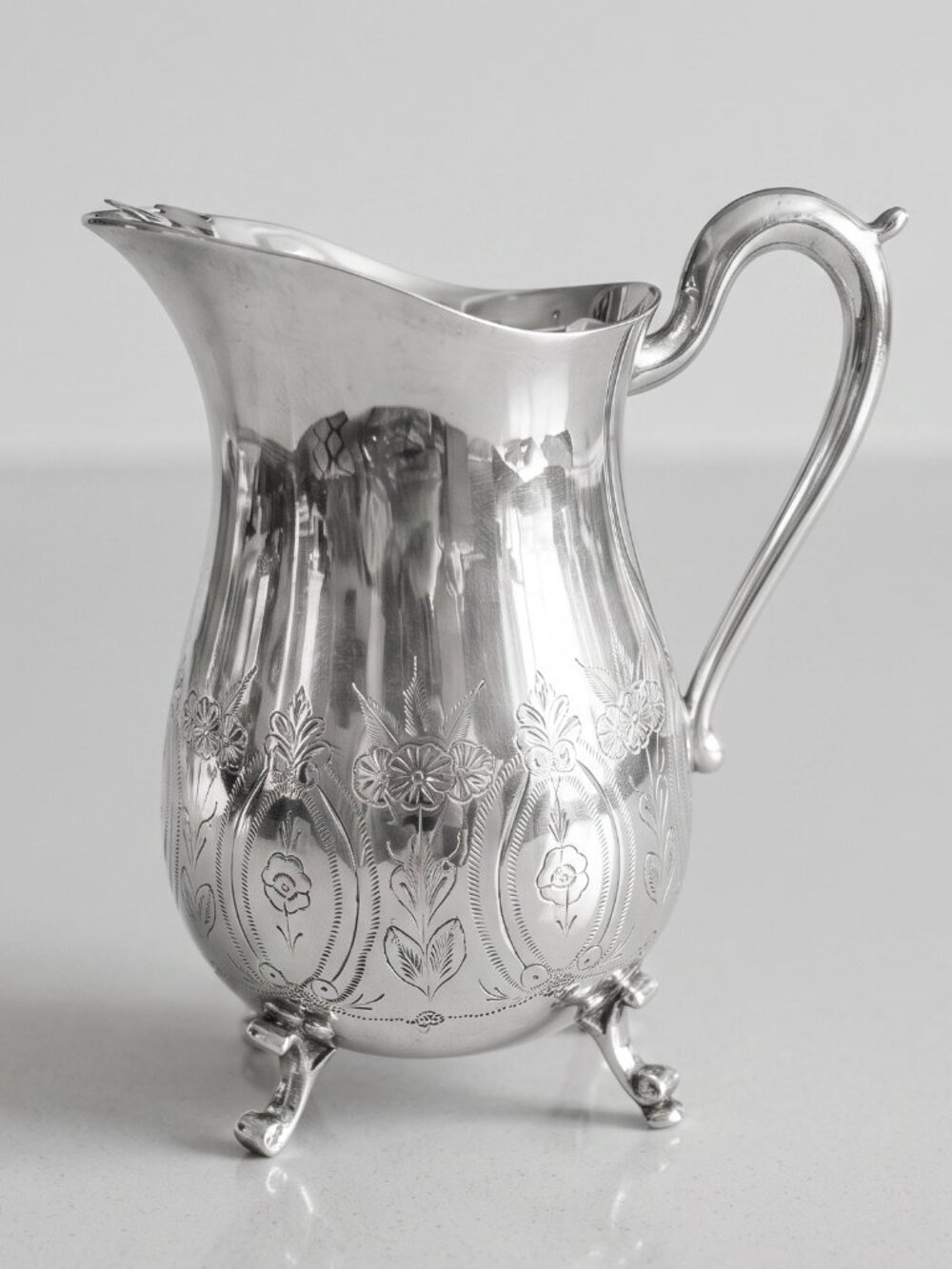 Vintage Leonard Silverplate Floral Footed Ice Lip Water Pitcher Jug 8.5” Ornate